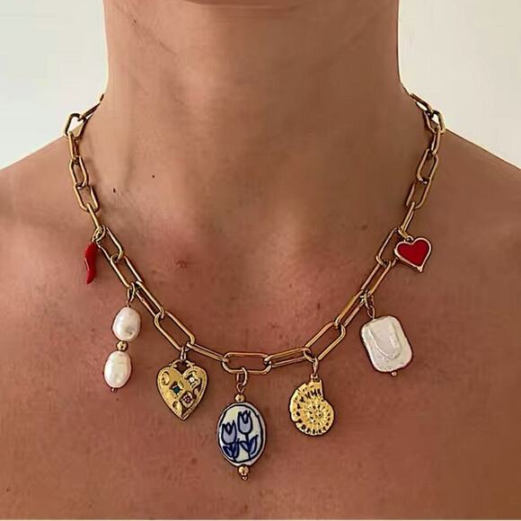 Stainless Steel Vintage Charm Necklace Gold Plated Choker Multi-charm Seashore - Picture 1 of 7